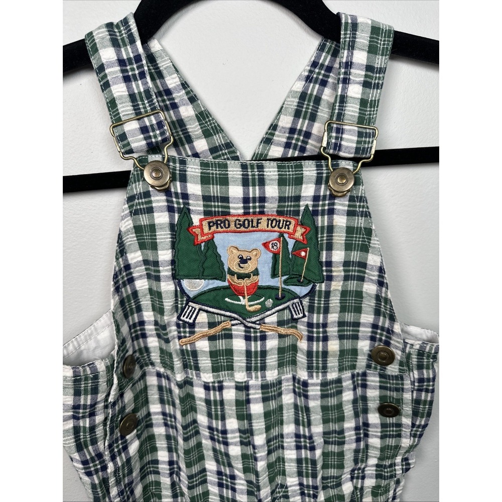 Vintage 24 Mo Baby Overalls Romper Plaid Golf Green Bear Pants 100% Cotton - Picture 6 of 11